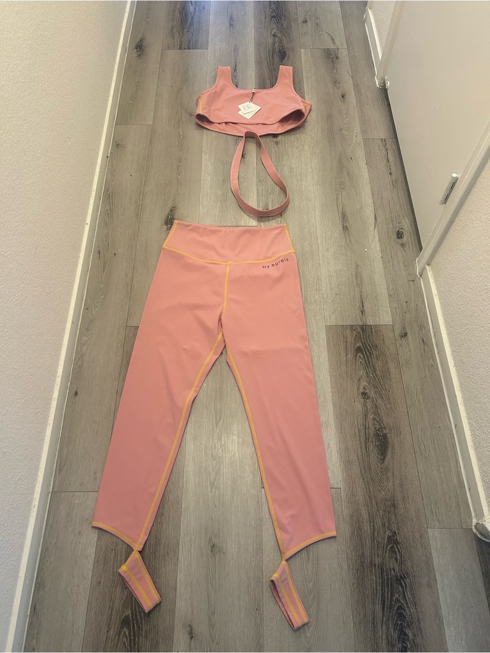 Byegreis Pink Active Crop Top and Stirrup Leggings with Yellow Trim